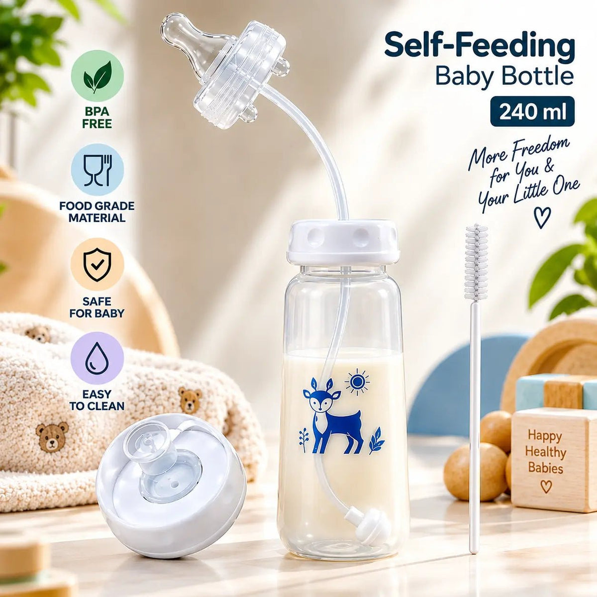 BLINKADDA™ Hands Free Baby Bottle with Gravity Straw 240ml | Anti-Colic, Anti-Gas | BPA Free