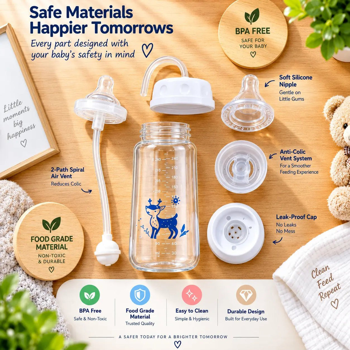 BLINKADDA™ Hands Free Baby Bottle with Gravity Straw 240ml | Anti-Colic, Anti-Gas | BPA Free