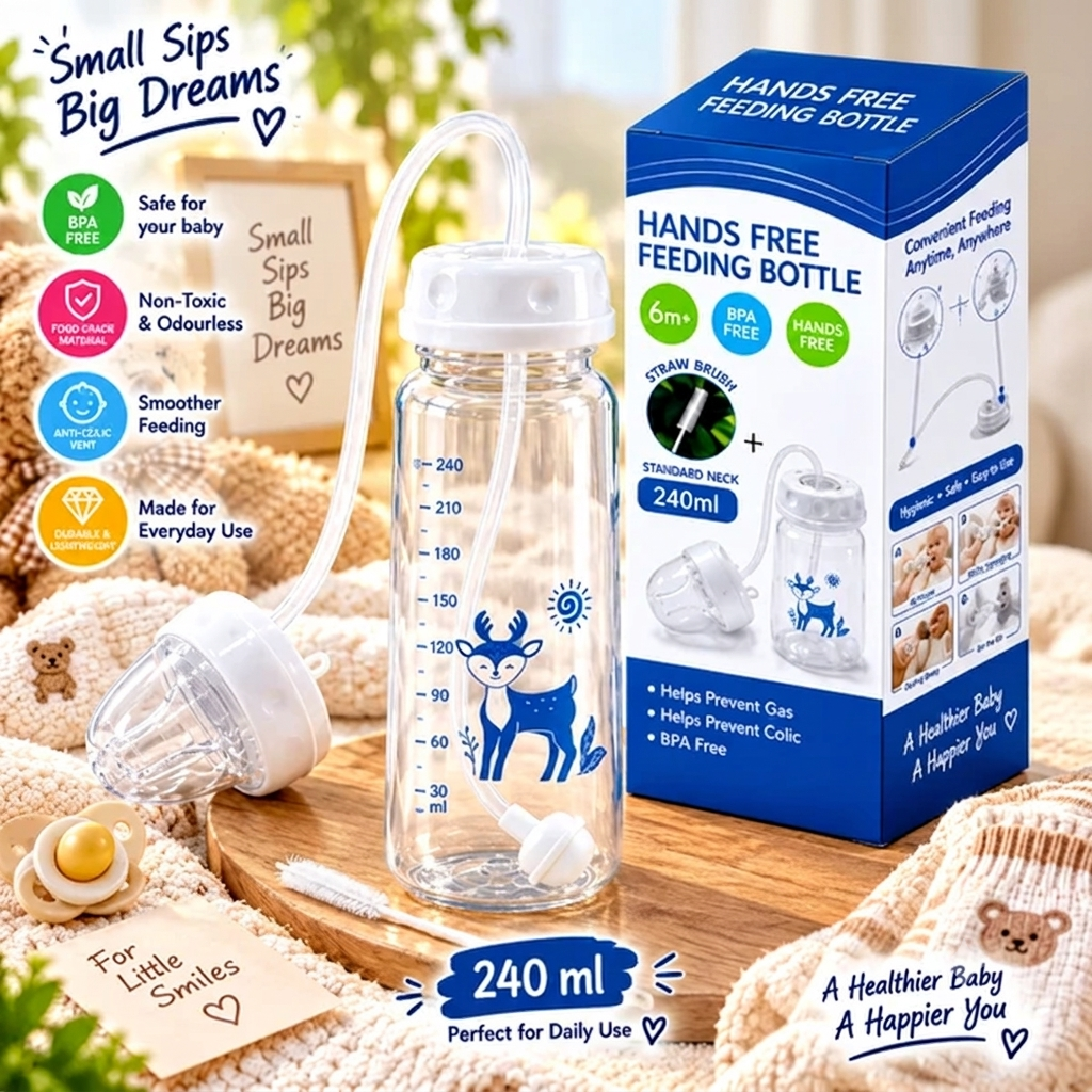 BLINKADDA™ Hands Free Baby Bottle with Gravity Straw 240ml | Anti-Colic, Anti-Gas | BPA Free
