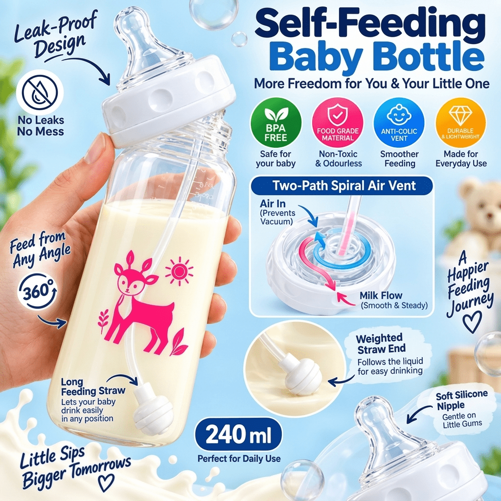 BLINKADDA™ Hands Free Baby Bottle with Gravity Straw 240ml | Anti-Colic, Anti-Gas | BPA Free